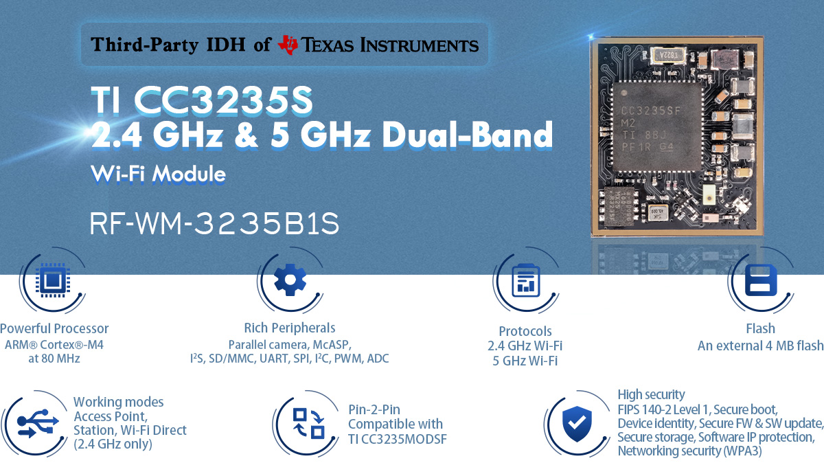 CC3235S 2.4GHz 및 5GHz 듀얼 밴드 Wi-Fi 모듈 RF-WM-3235B1S의 특징